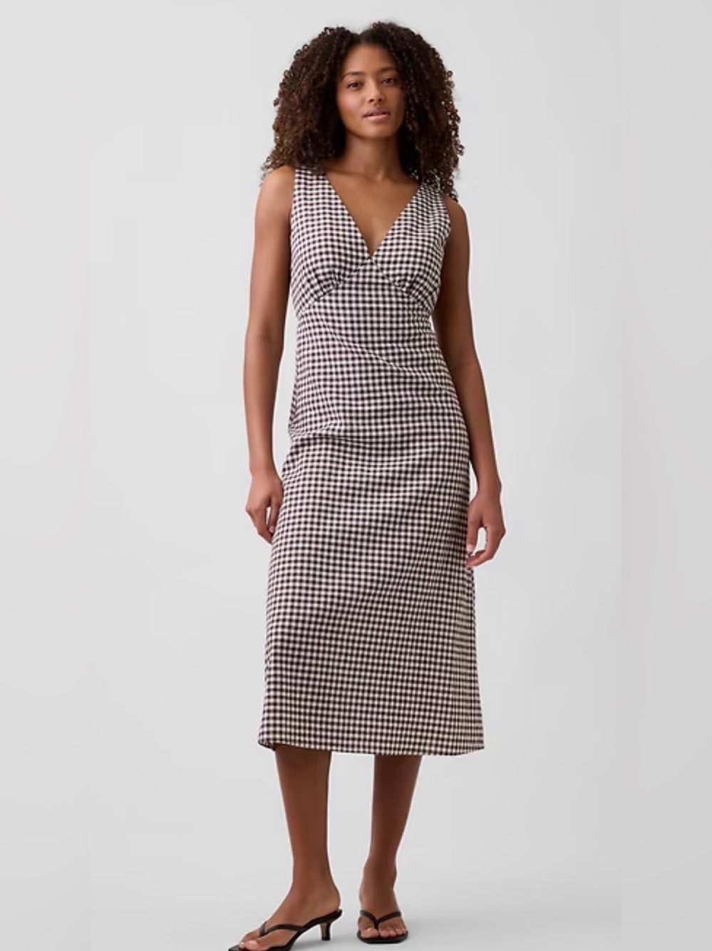 Gap Linen-Blend V-Neck Gingham Check Midi Dress Milkmaid Y2K Summer Picnic NWT